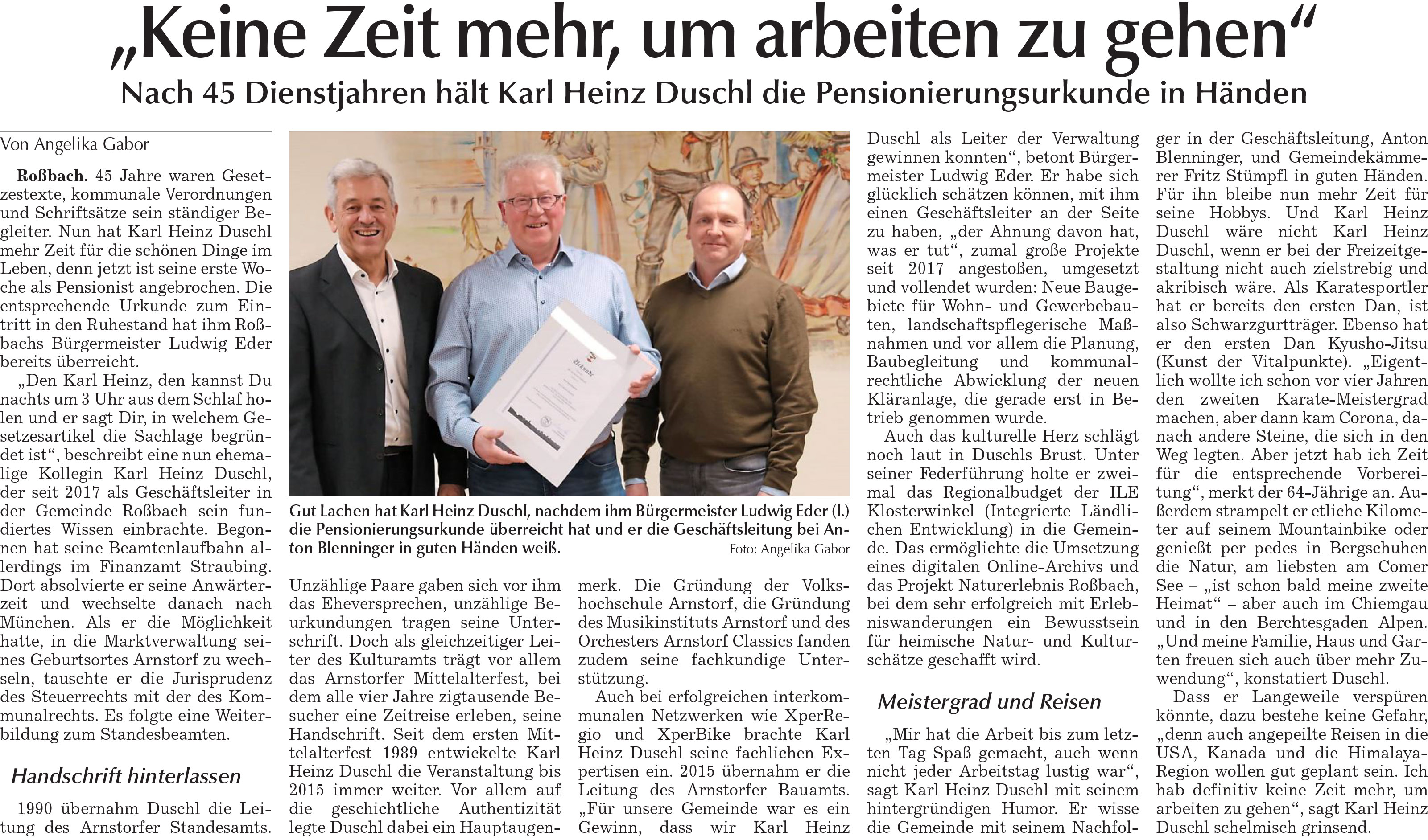 Grossansicht in neuem Fenster: Keine Zeit mehr, um arbeiten zu gehen – Karl Heinz Duschl in Pension verabschiedet - Zeitungsartikel Grossansicht in neuem Fenster: Keine Zeit mehr, um arbeiten zu gehen – Karl Heinz Duschl in Pension verabschiedet - Zeitungsartikel